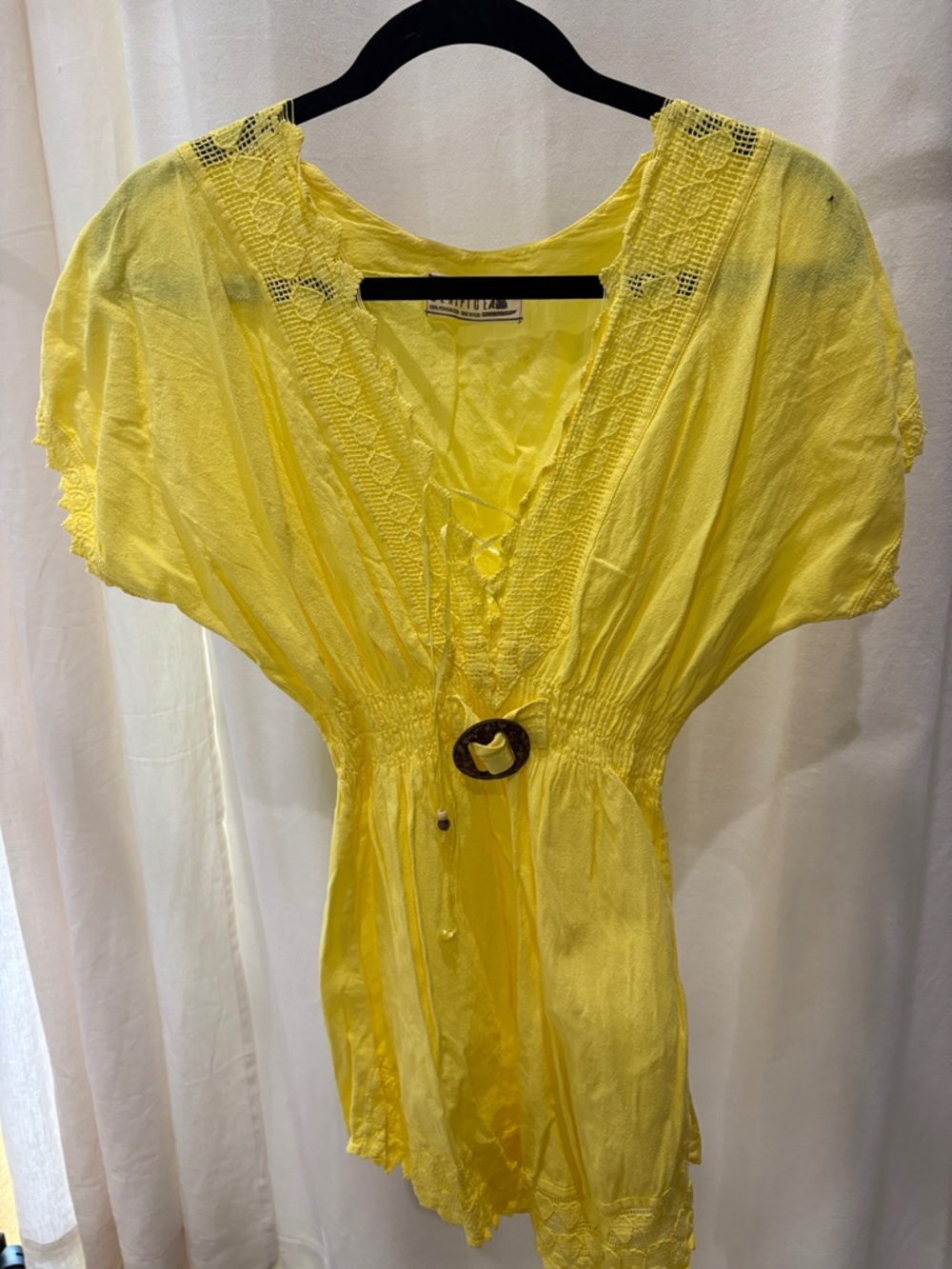 Yellow Lace-Trim Mini Dress with Tie Waist